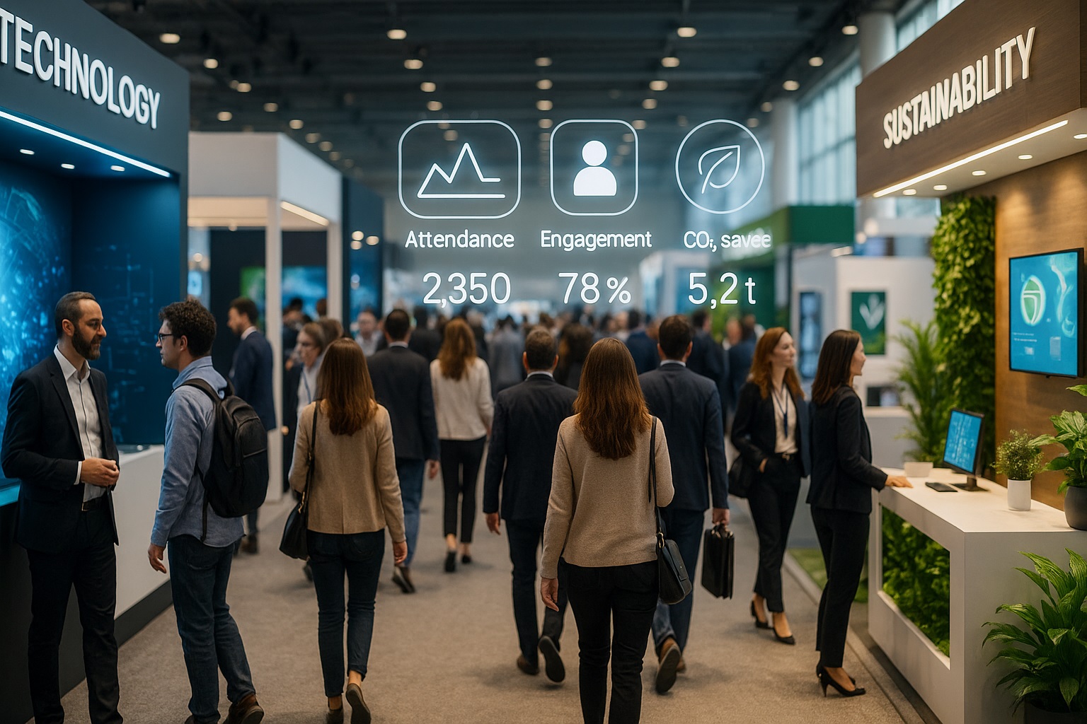 Salón de eventos tech y sostenible con indicadores